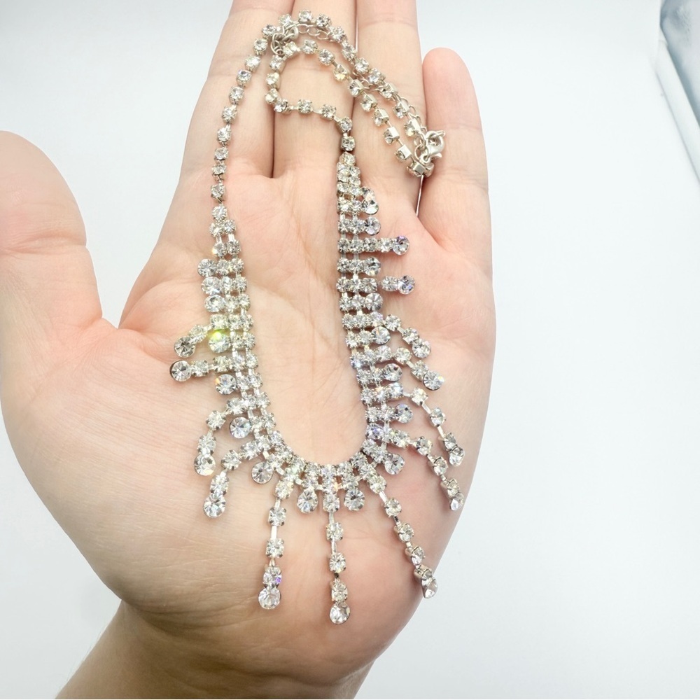 Vintage Rhinestone Collar Bib Necklace Silver Tone